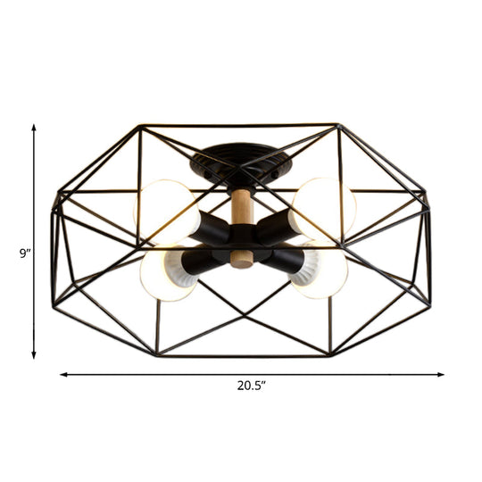 Contemporary Geometric Semi Flush Mount Light With Wire-Cage Shade - 3/4/5 Options