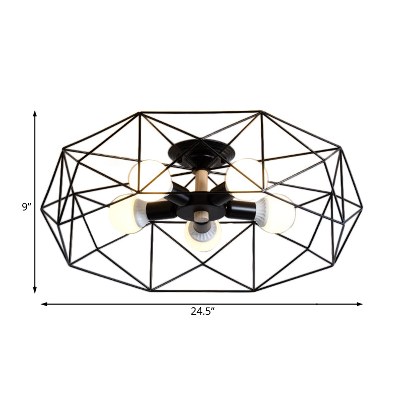 Contemporary Geometric Semi Flush Mount Light With Wire-Cage Shade - 3/4/5 Options