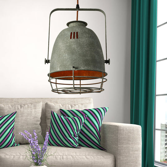 Industrial Wrought Iron Pendant Lighting With Bell Shade And Wire Guard In Grey /