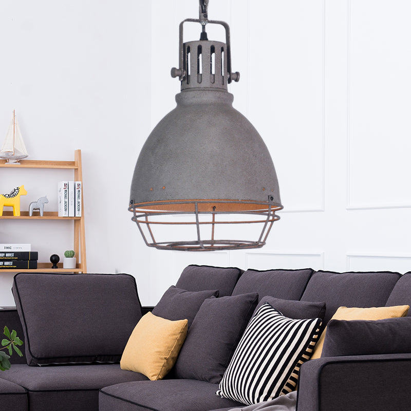 Wrought Iron Pendant Lighting with Bell/Dome Shade - Industrial 1 Light Hanging Lamp in Grey