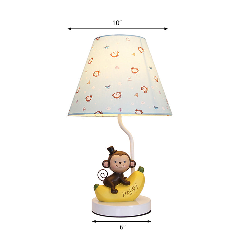 Kids Bedroom Fabric Floral Table Light With Monkey Cartoon Reading Lamp In Beige