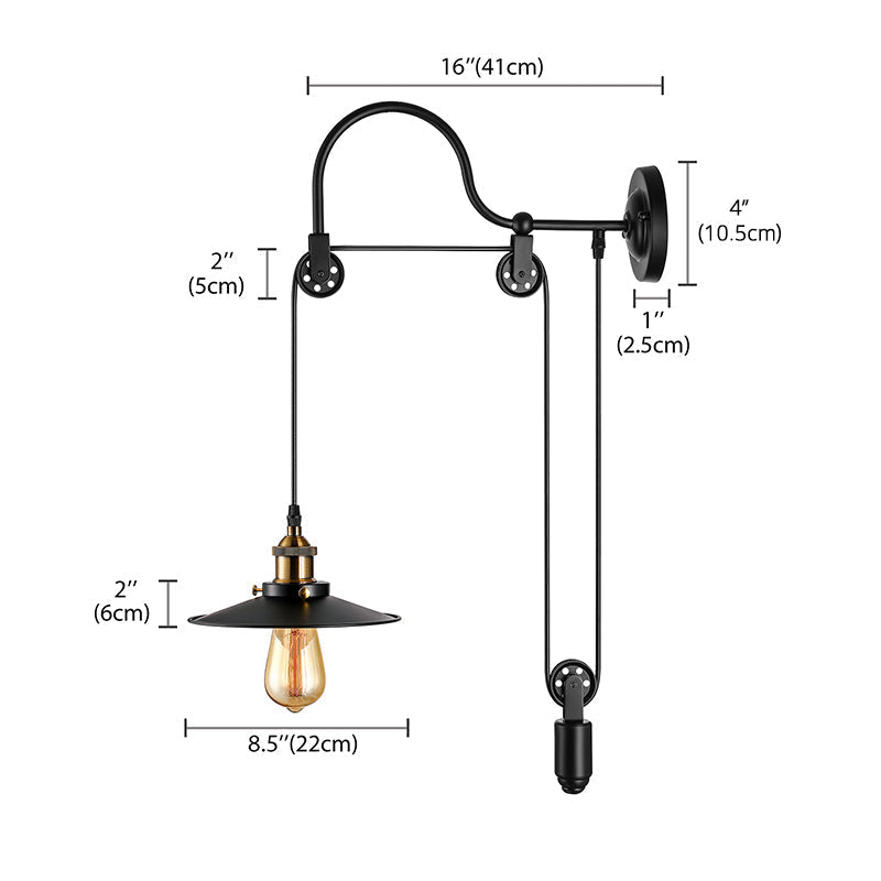 Industrial Style Wall Mounted Lamp: Adjustable Black Metallic Fixture With Pulley Design