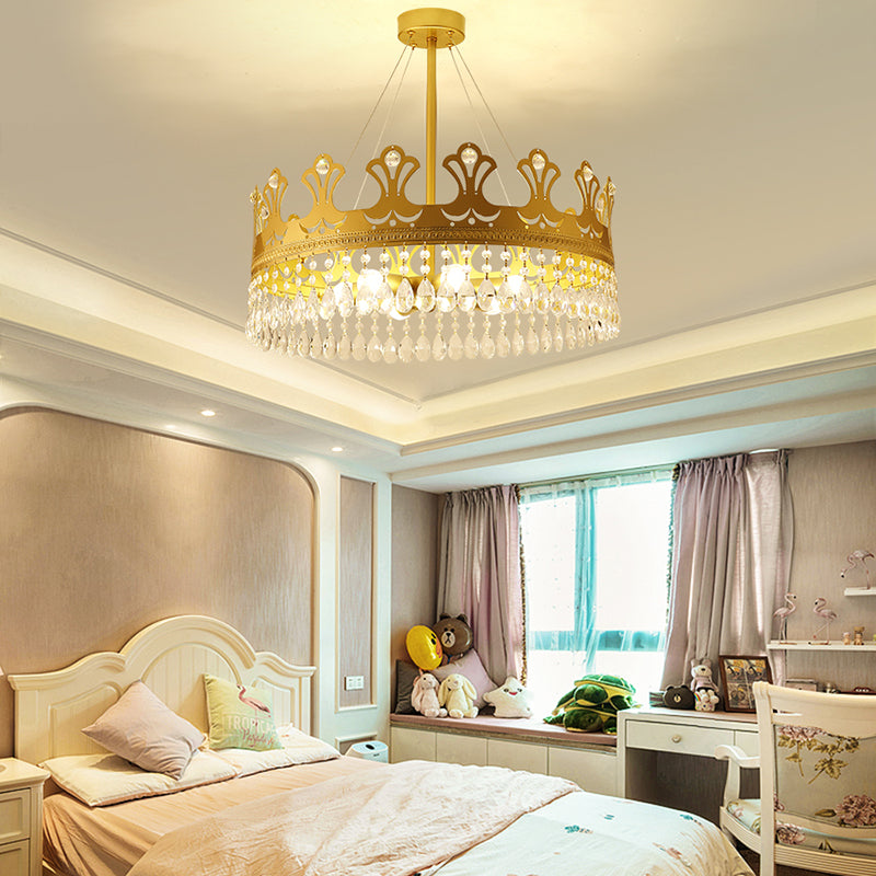 Elegant Brass Crown Chandelier Lamp Simplicity Metal Pendant Lighting With Crystal Drops For Bedroom