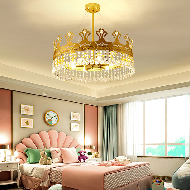 Elegant Brass Crown Chandelier Lamp Simplicity Metal Pendant Lighting With Crystal Drops For Bedroom