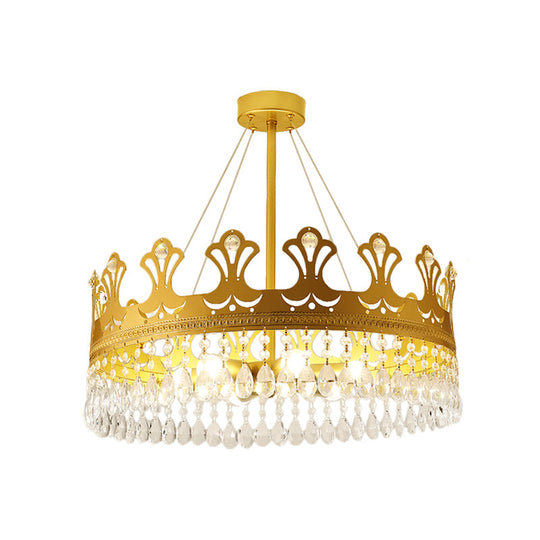 Elegant Brass Crown Chandelier Lamp Simplicity Metal Pendant Lighting With Crystal Drops For Bedroom