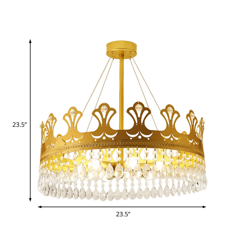 Elegant Brass Crown Chandelier Lamp Simplicity Metal Pendant Lighting With Crystal Drops For Bedroom