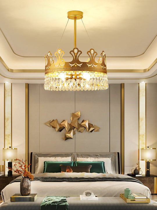 Elegant Brass Crown Chandelier Lamp Simplicity Metal Pendant Lighting With Crystal Drops For Bedroom