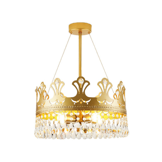 Elegant Brass Crown Chandelier Lamp Simplicity Metal Pendant Lighting With Crystal Drops For Bedroom