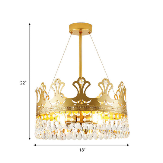 Elegant Brass Crown Chandelier Lamp Simplicity Metal Pendant Lighting With Crystal Drops For Bedroom