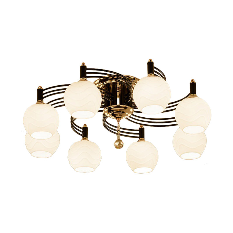 Semi Flush Mount Vintage Style Black Ceiling Light Fixture With White Swirl Glass & Multiple Head