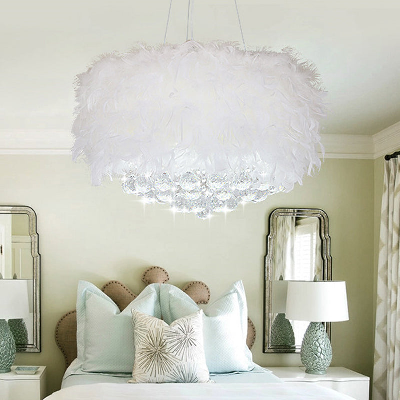 Minimalist Feather Drum Bedroom Pendant Chandelier Light In White With Crystal Orb - 3/9/11-Bulb