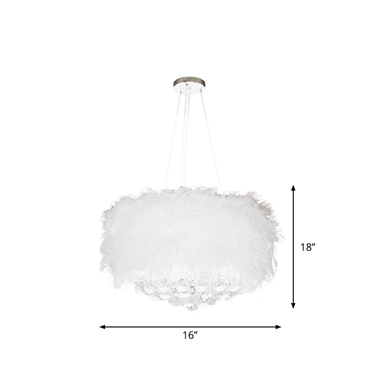 Minimalist Feather Drum Bedroom Pendant Chandelier Light In White With Crystal Orb - 3/9/11-Bulb