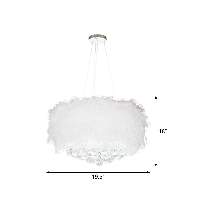 Minimalist Feather Drum Bedroom Pendant Chandelier Light In White With Crystal Orb - 3/9/11-Bulb