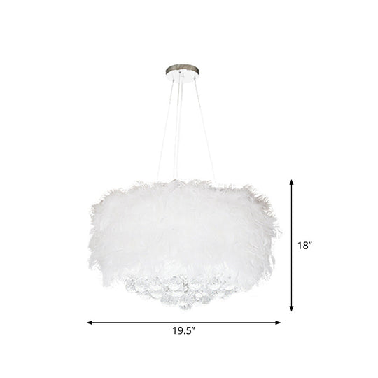 Minimalist Feather Drum Bedroom Pendant Chandelier Light In White With Crystal Orb - 3/9/11-Bulb