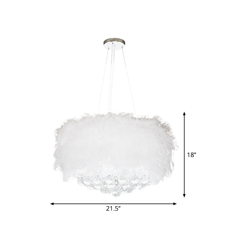 Minimalist Feather Drum Bedroom Pendant Chandelier Light In White With Crystal Orb - 3/9/11-Bulb