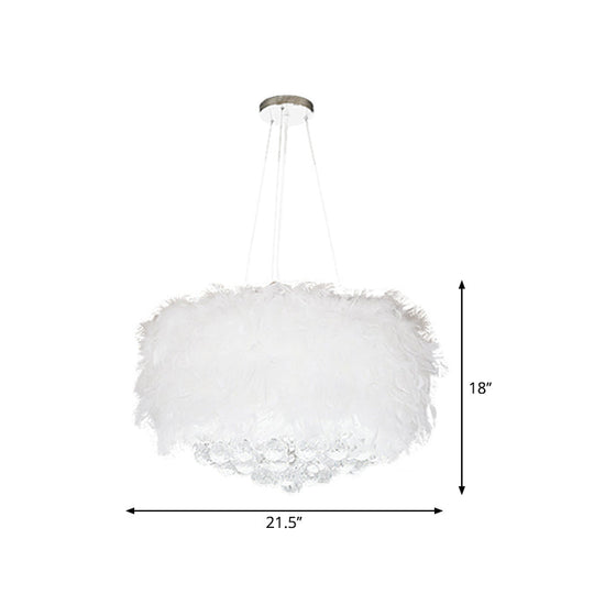 Minimalist Feather Drum Bedroom Pendant Chandelier Light In White With Crystal Orb - 3/9/11-Bulb