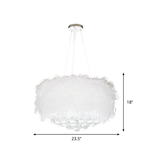 Minimalist Feather Drum Bedroom Pendant Chandelier Light In White With Crystal Orb - 3/9/11-Bulb