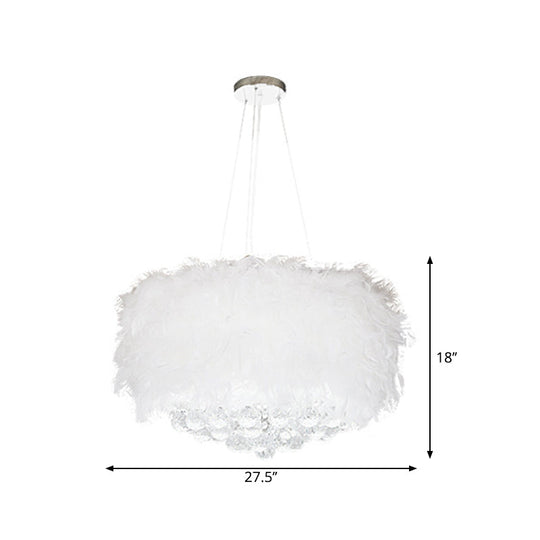 Minimalist Feather Drum Bedroom Pendant Chandelier Light In White With Crystal Orb - 3/9/11-Bulb