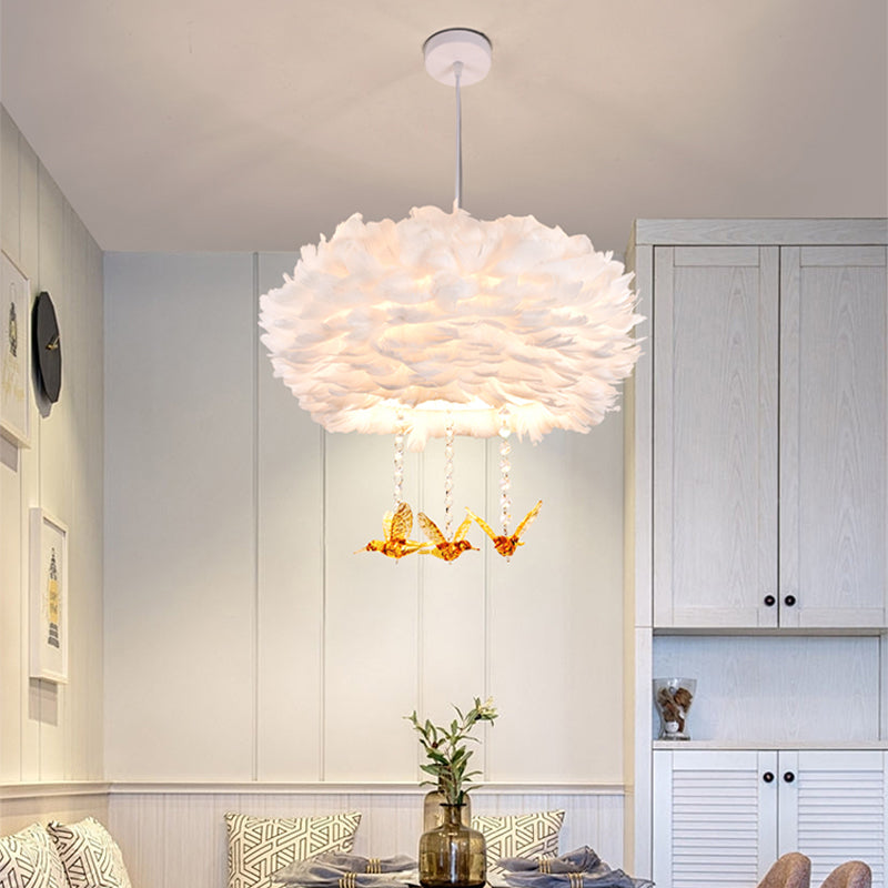 Feather Drum Chandelier Modern Style Pendant Light With Bird Decor White 3/4/5-Head Options