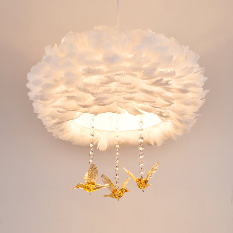 Feather Drum Chandelier Modern Style Pendant Light With Bird Decor White 3/4/5-Head Options