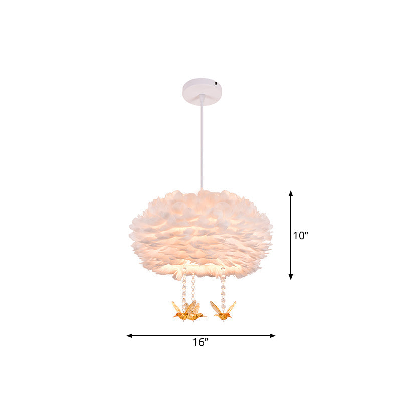 Feather Drum Chandelier Modern Style Pendant Light With Bird Decor White 3/4/5-Head Options