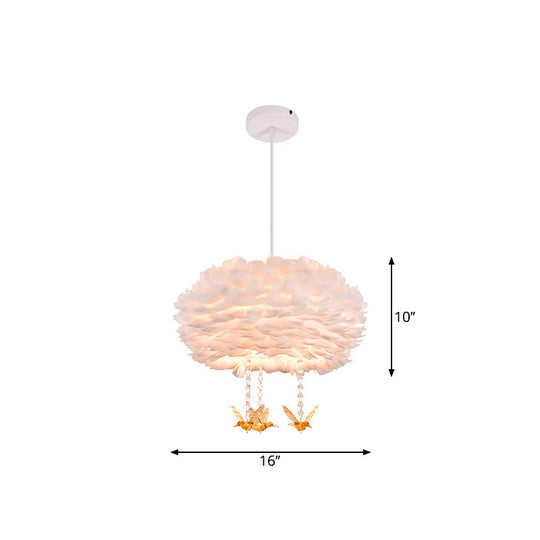 Feather Drum Chandelier Modern Style Pendant Light With Bird Decor White 3/4/5-Head Options