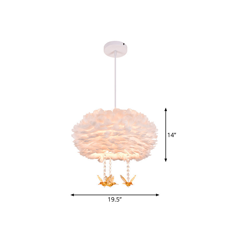 Feather Drum Chandelier Modern Style Pendant Light With Bird Decor White 3/4/5-Head Options