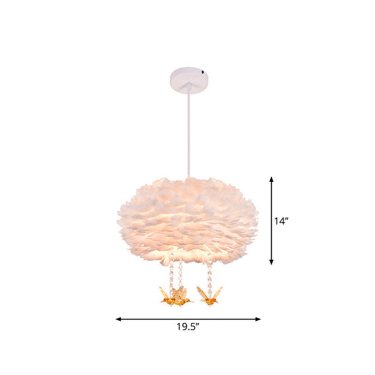 Feather Drum Chandelier Modern Style Pendant Light With Bird Decor White 3/4/5-Head Options