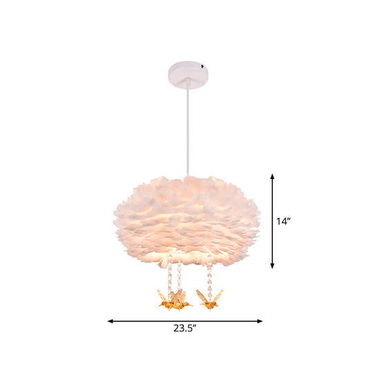 Feather Drum Chandelier Modern Style Pendant Light With Bird Decor White 3/4/5-Head Options