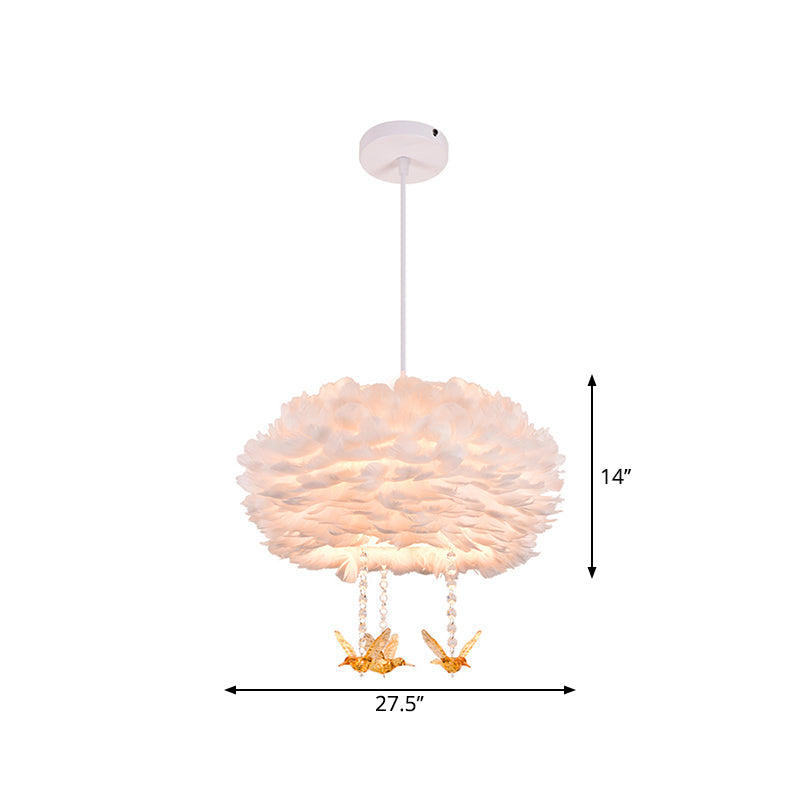 Feather Drum Chandelier Modern Style Pendant Light With Bird Decor White 3/4/5-Head Options