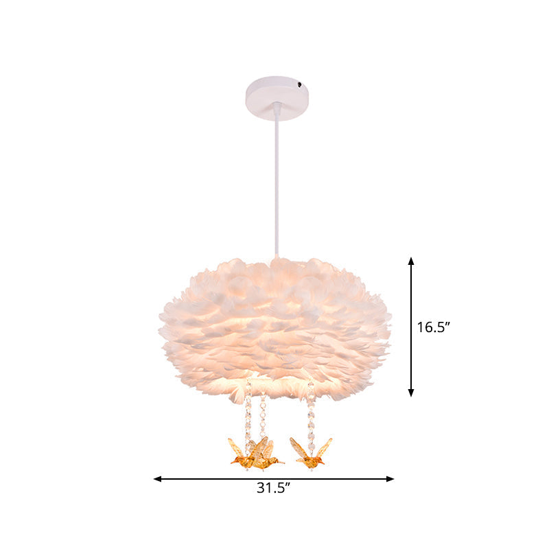 Feather Drum Chandelier Modern Style Pendant Light With Bird Decor White 3/4/5-Head Options