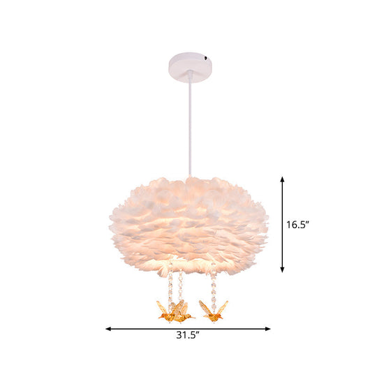 Feather Drum Chandelier Modern Style Pendant Light With Bird Decor White 3/4/5-Head Options