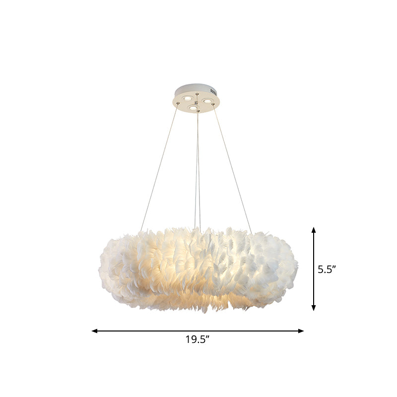 Sleek Circular Feather Suspension Pendant Light 19.5/27.5/31.5 Wide 8 Bulbs White Hanging Lamp