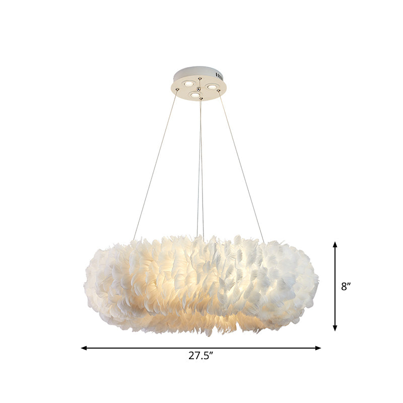 Sleek Circular Feather Suspension Pendant Light 19.5/27.5/31.5 Wide 8 Bulbs White Hanging Lamp