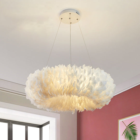 Sleek Circular Feather Suspension Pendant Light 19.5/27.5/31.5 Wide 8 Bulbs White Hanging Lamp /