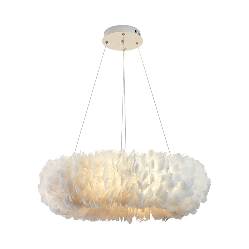 Sleek Circular Feather Suspension Pendant Light 19.5/27.5/31.5 Wide 8 Bulbs White Hanging Lamp