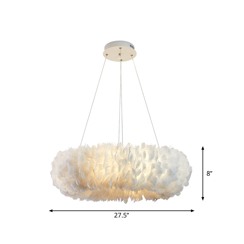 Sleek Circular Feather Suspension Pendant Light 19.5/27.5/31.5 Wide 8 Bulbs White Hanging Lamp