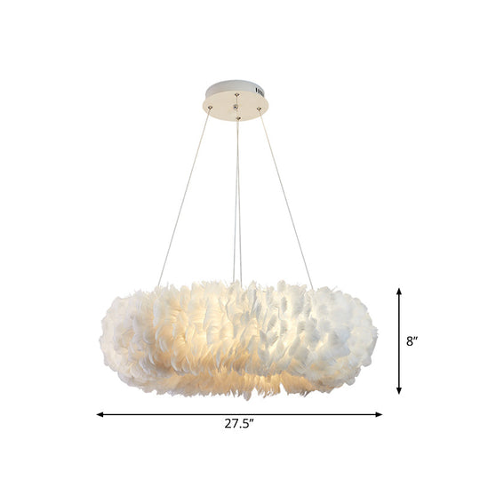 Sleek Circular Feather Suspension Pendant Light 19.5/27.5/31.5 Wide 8 Bulbs White Hanging Lamp