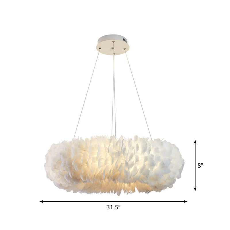 Sleek Circular Feather Suspension Pendant Light 19.5/27.5/31.5 Wide 8 Bulbs White Hanging Lamp