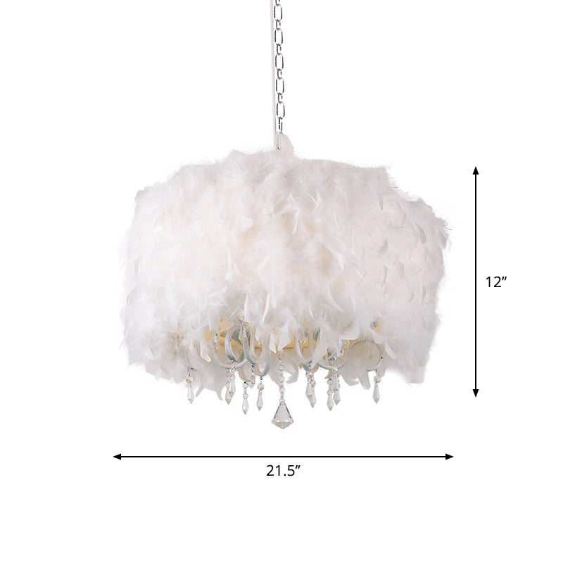 Nordic White Dining Room Chandelier - 5-Light Drum Feather Pendant With Crystal Accents