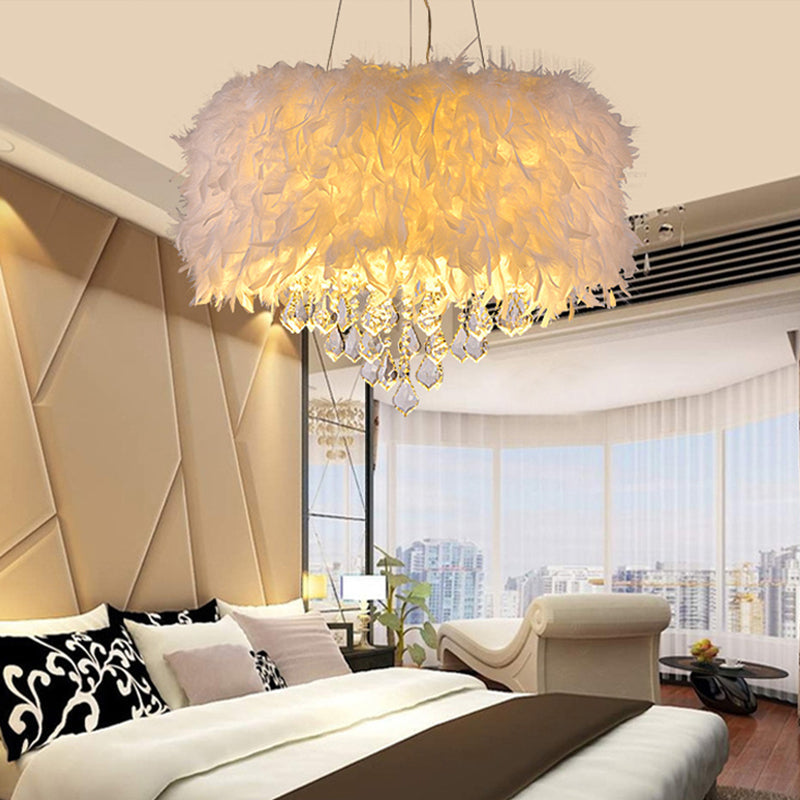 Modern White Feather Drum Pendant Chandelier With Crystal Drop - 5/6/9 Lights 16/19.5/27.5 Wide