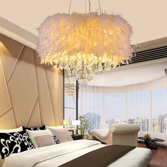 Modern White Feather Drum Pendant Chandelier With Crystal Drop - 5/6/9 Lights 16/19.5/27.5 Wide