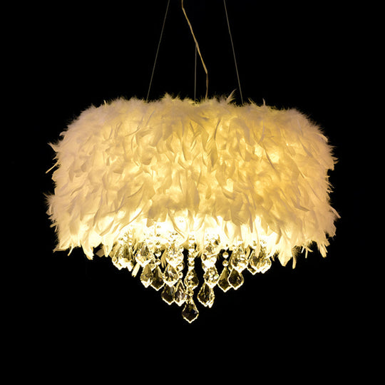 Modern White Feather Drum Pendant Chandelier With Crystal Drop - 5/6/9 Lights 16/19.5/27.5 Wide