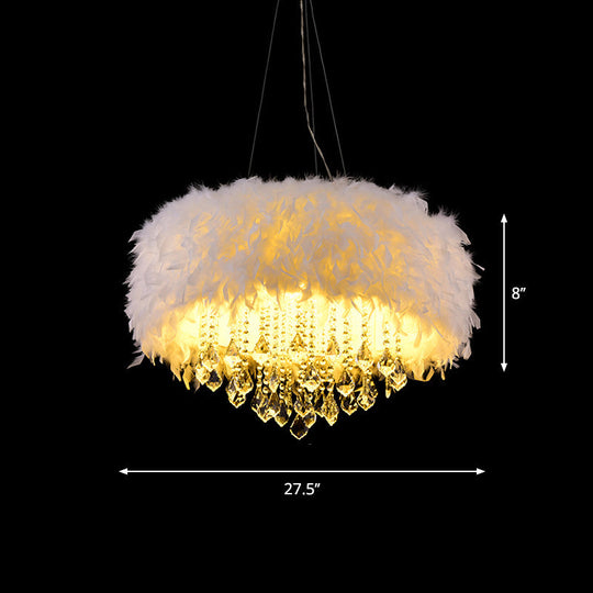 Modern White Feather Drum Pendant Chandelier With Crystal Drop - 5/6/9 Lights 16/19.5/27.5 Wide