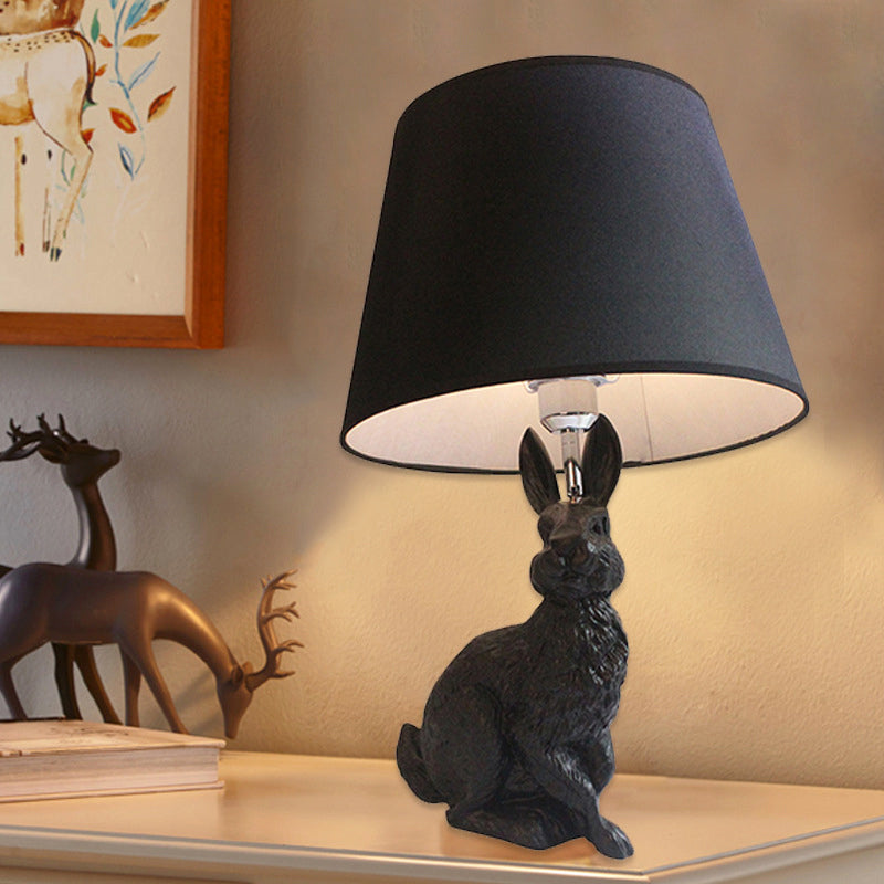 Black Resin Bunny Desk Lamp With Tapered Shade - Study Room Accent Lighting