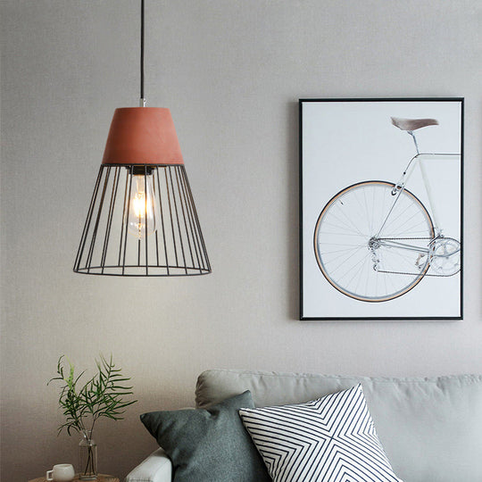 1 Light Suspension Lamp Loft Pendant With Iron Cage And Cement Top In Grey/Red Red