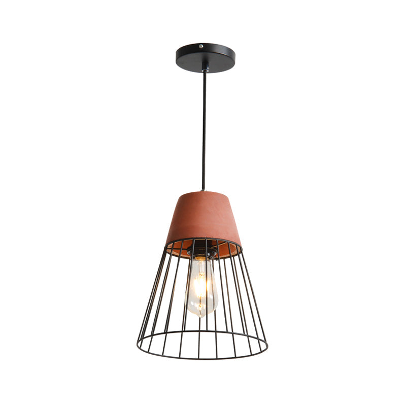 Loft Bedside Pendant Light with Cage and Cement Top in Grey/Red