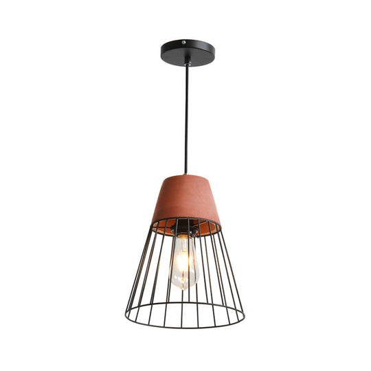 Loft Bedside Pendant Light with Cage and Cement Top in Grey/Red