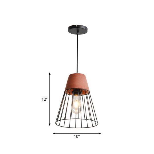 1 Light Suspension Lamp Loft Pendant With Iron Cage And Cement Top In Grey/Red