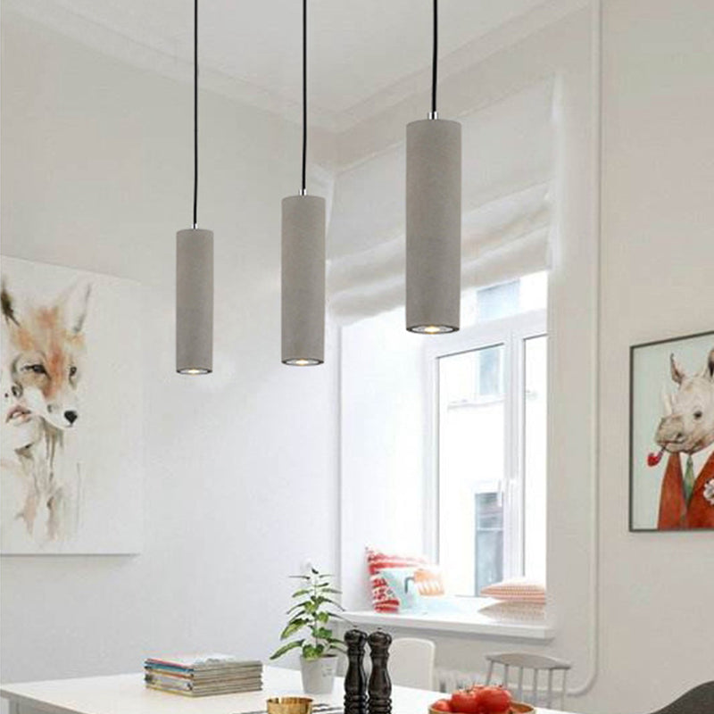 Minimalist Cement Tube Pendant Light Kit - LED Hanging Lamp in Grey - 10"/19.5" Tall for Bedroom